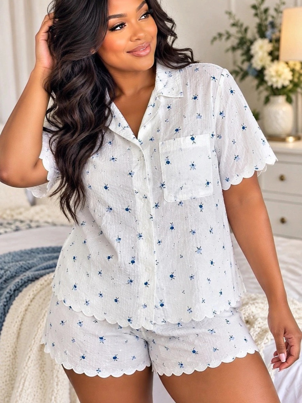 Auden Seersucker Floral Pajama Top 4X Blue White Scalloped Sleep Shirt